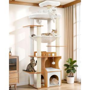 Gitelsnour Cat Tree, 70.9 Inch Wood Cat Tower for Large Cats Adult, Modern Cat Furniture with Double-Layer Wooden Cat Condo, 2 Platforms, Large Hammock and Scratching Posts, Walnut GCT102WB
