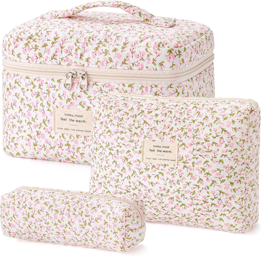 HBselect Quilted Makeup Bag, 3PCS Cotton Large Travel Makeup Bag, Cute Floral Coquette Make up Bag Cosmetic Bag Toiletry Bag for Women Girls