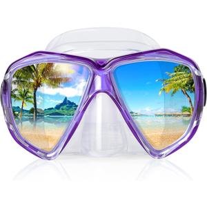 Snorkel Diving Mask Panoramic HD Swim Mask, Anti-Fog Scuba Diving Goggles,Tempered Glass Dive Mask Adult Youth Swim Goggles with Nose Cover for Diving, Snorkeling, Swimming (Clear Purple)