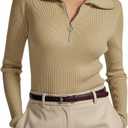 Prettywear Women's Quarter Zip Pullover Sweaters 2024 Long Sleeve Collared Slim Fit Ribbed Knit Business Casual Fall Top (Medium, Khaki)