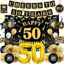 50th Birthday Decorations for Men Women, Black Gold Happy 50th Birthday Party Decorations, Cheers to 50 Years Banner, Foil Balloons 50, Backdrop, 50th Balloons, Hanging Swirl, Birthday Card Set 45pcs