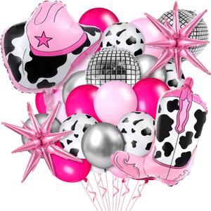 Hungdao 23 Pcs Cowgirl Theme Party Balloons Set Cow Print Cowgirl Hat Boot Pink Silver Star Balloons Ribbon for Western Theme Decorations Retro Horse Rodeo Party Supplies(Classic)