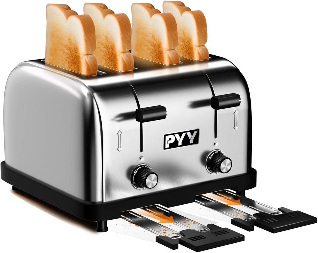 PYY Commercial 4-Slice Toaster for Restaurant - 1.57 Inch Wide Slots, Stainless Steel Body, 6-Level Browning Setting, Removable Crumb Tray, 1800W (225 Slices/Hour) - Ideal for Bread, Bagels, Breakfast (gray)