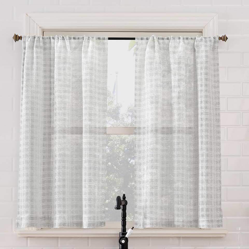 No. 918 Tayen 2-Pack Slub Windowpane Semi-Sheer Rod Pocket Kitchen Curtain Tier Pair, Silver, 54" W x 36" L (2 Panels)