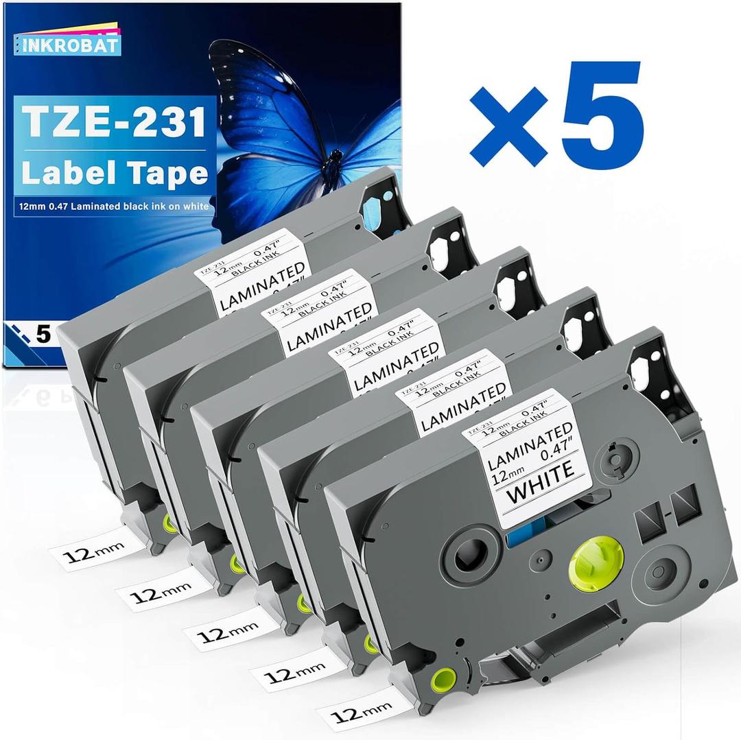 TZE-231 Label Maker Tape 12mm 0.47 Laminated Black on White Replacement for TZ TZE TZE231 1/2" x 8m Tape Cassette for Ptouch PT-D220 PTD220 D220 PT-D210 PTD210 PT-H110 PT-D200 PT-D400 D410 (5 Packs)