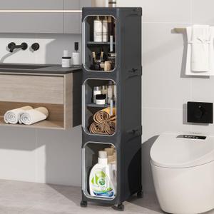 3-Tiers Slim Bathroom Storage Cabinet, Foldable Storage Cabinets,Narrow Bathroom Storage,Movable Bathroom Storage Organizer for Small Spaces,Bathroom,Kitchen,Laundry, Black