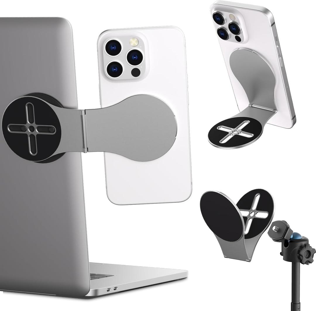 ALAFLY Detachable Magnetic Phone Holder for Laptop & Car, Foldable Desk Phone Stand, Adjustable Magnetic Phone Tripod Mount Adapter with 1/4" Screw Design for MagSafe iPhone and All Phones, Gray (Silver)