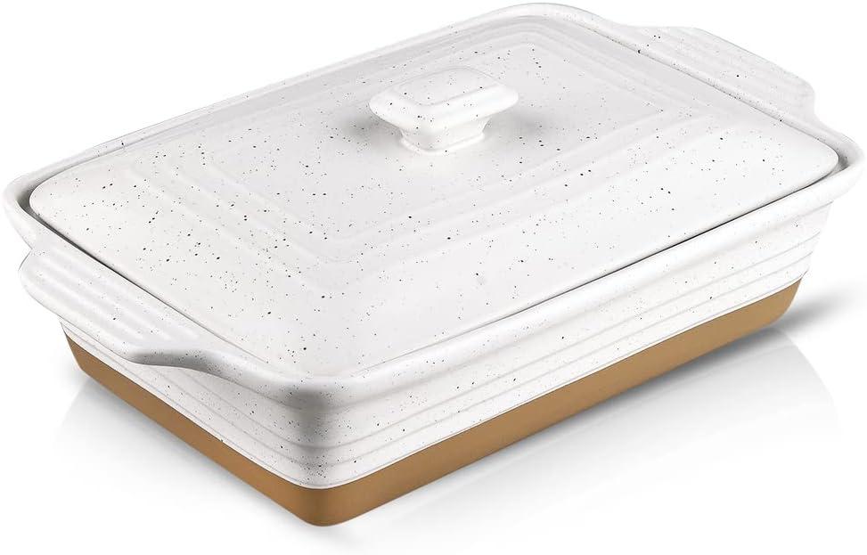 HVH Ceramic Casserole Dish with Lid - Oven Safe, 9x13 Rectangular Baking Dish, 3.5 Quart, Farmhouse Style (White)