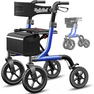 Walkers for Seniors, Rollator Walker with Seat, 12" Big Rubber Wheels All Terrain Rolling Walker, Foldable Rollator Walker, Built-in Cable, Reinforced Aluminum Frame, Blue