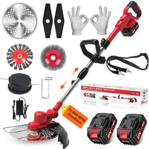 Weed Wacker Cordless String Trimmer, 750W Brushless Motor, Electric Weed Wacker with 2 X 4.0Ah Batteries, Weed Eater with 5 Types of Blades, for Lawn, Yard and Bush Trimming(Red)