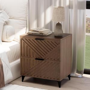 Chilihom Nightstand with 2 Drawers Night Stand with Fluted Panel, Modern Bedside Table for Bedroom, Wood End Table Side Table Small Storage Cabinet, Brown