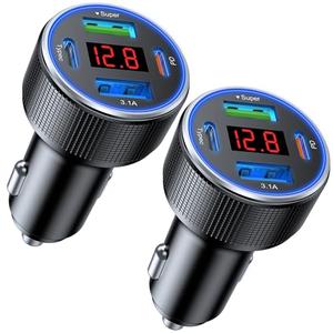 USB Car Charger, 2 Pack Cigarette Lighter USB Charger Aluminum Alloy Fast Charging Car Charger Adapter with Voltage Display Type C Car Accessories for iPhone 17 16 Samsung Galaxy Google iPad Android