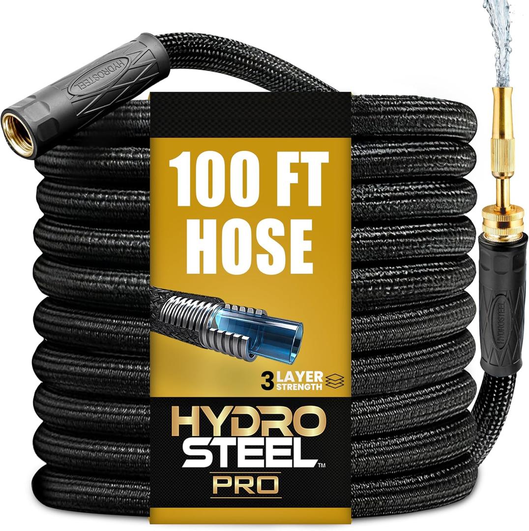 Hydrosteel PRO 100 Ft Metal Garden Hose with Nozzle, Water Hose Made from Heavy Duty 304 Stainless Steel, Flexible, Lightweight, Brass Crush Resistant Fittings, Kink Free, 5/8 Diameter, 600 PSI