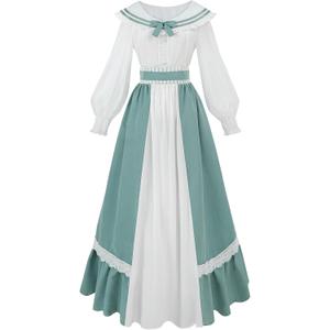 Victorian Dress for Women 2-piece Renaissance Costume Tea Party Ball Gown (Blue, XXL)