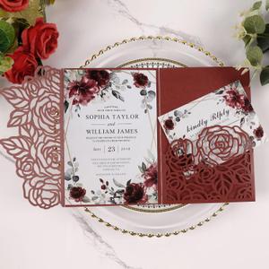 50pcs Tri Fold Wedding invitations Rose Hollow Laser Cut 5x7 '' Wedding Invitation Cards with Envelopes and RSVP Cards for Anniversary Engagement Bridal Shower Quinceanera Party Invite Burgundy