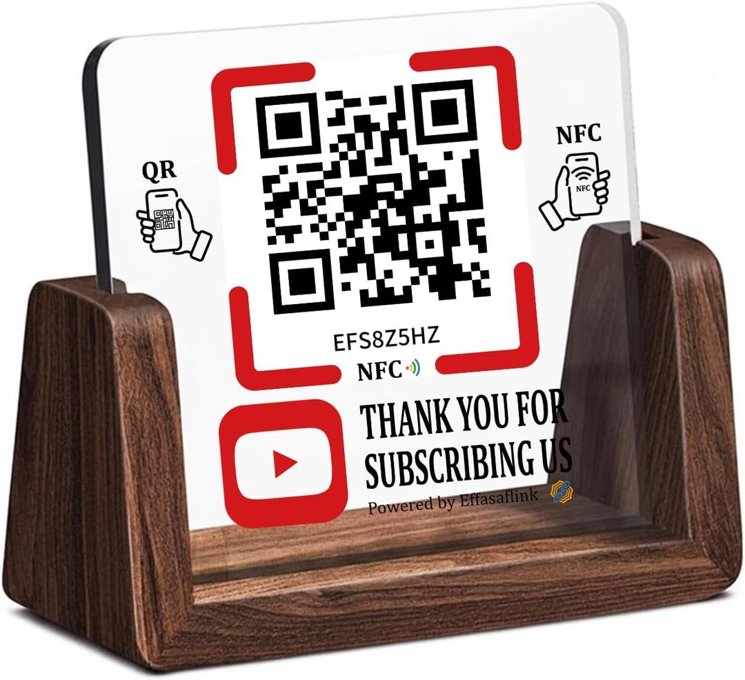 Wooden Stand with Clear Acrylic QR & NFC Sign for Storefront  Easy and Fast Access to Social Media Page for Customers  Perfect for Promoting Social Media Following - Compatible with YouTube (Social 5-YT)