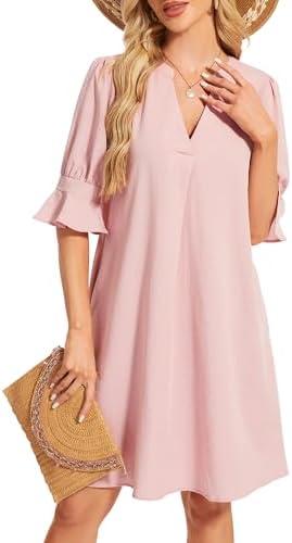 CVCPP Shirt Dresses for Women 2025 V Neck Ruffle Short Sleeve Loose Casual Flowy Summer Shift Dress with Pockets.XL