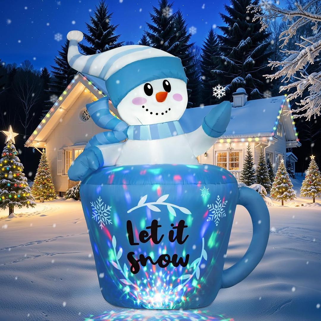 5FT Christmas Inflatables Outdoor Decorations, Cute Blue Inflatable Snowman Outdoor in Mug, Christmas Blow Up Yard Decorations with Built-in LEDs for Xmas Holiday Lawn Garden Party Decor