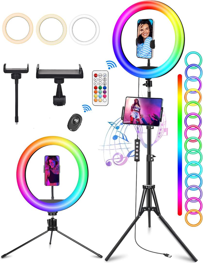 STALLY 13.3" Ring Light with Stand, Music Mode, 75" Tall with 3 Phone Holder, 3 CCT Modes & 48 RGB Color Modes, Ring Light Tripod for iPhone with Wireless Remote, Great for Photograph/Makeup/TikTok