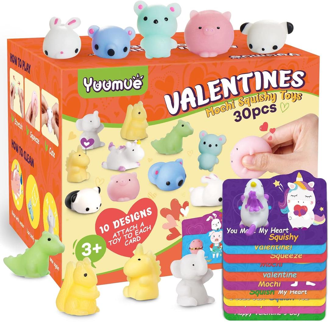 30 Pack Valentines Day Gift Cards with Mochi Squishy Toys Set for Kids, Valentine's Greeting Cards with Animals Squishies Toys Valentine School Classroom Exchange Prizes 