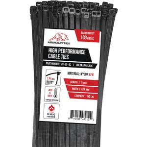 11 Inch Black Zip Ties, 50 lb Tensile Strength, 100-Pack
UV Resistant Industrial-Strength Nylon, Indoor and Outdoor Cable & Wire Management, Multi-Purpose Cable Ties, Self-Locking