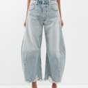Allimy Womens Jeans High Waisted Rise Ripped Baggy Loose Fit Ankle Barrel Y2K Boyfriend Horseshoe Raw Hem Wide Leg Jeans for Woman Trendy 2026 Denim Capri Pants Light Blue Size 6