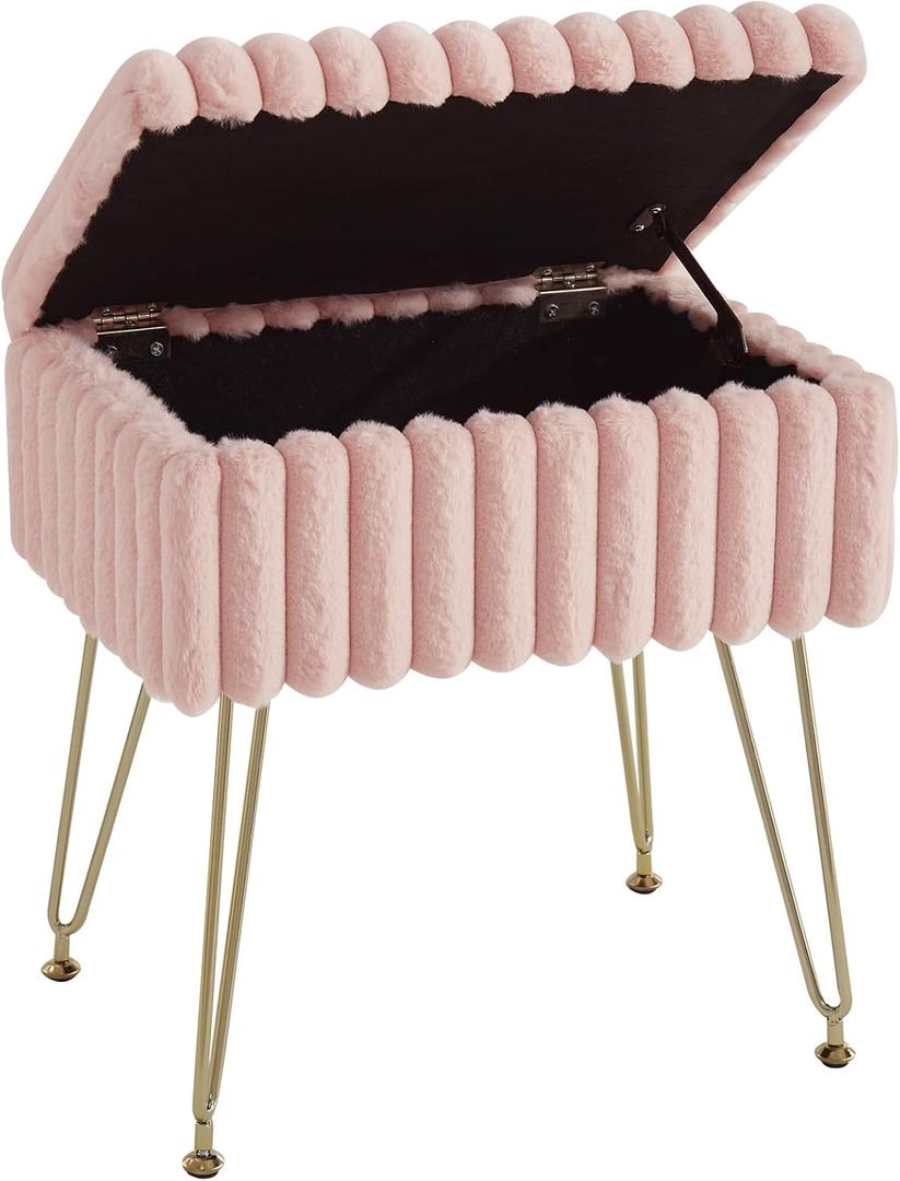 Vanity Stool Chair with Storage, Faux Fur Stools for Vanity Makeup, Foot Stool Ottoman with 4 Metal Legs, Small Vanity Bench Seat Chairs for Living Room Bedroom