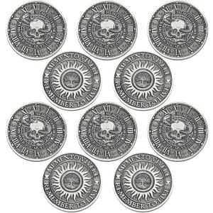 Misdary 10 Pcs Memento Mori Coin Memento Vivere Reminder Token Metal Skull Challenge Coin Medallion Stoicism Gift Challenge Stoic Reminder Pendant for Daily Practice Stoic (Silver Style)