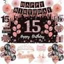 15th Birthday Decorations for Girls,51Pcs PRE-STRUNG Rose Gold Black Party Set-15 Years Old Crown and Sash,Banner Backdrop Balloons Candle Hanging Swirls Paper Fans,PRE-ASSEMBLED