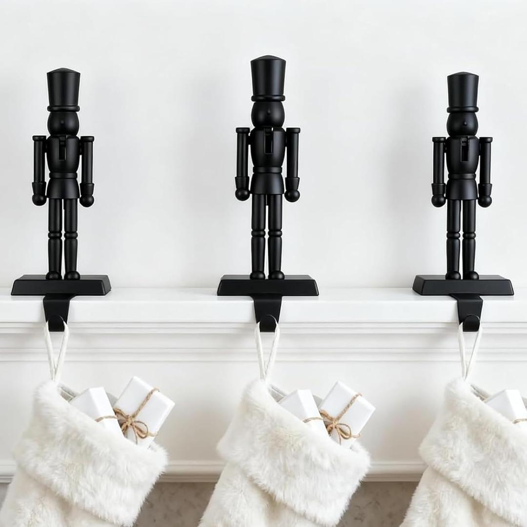 Leinuosen 3 PCS Nutcracker Stocking Holder - Christmas Fireplace Mantel Metal Stocking Display Hanger Hooks 8 inch with Black Wooden Nutcracker Figures for Xmas Winter Seasonal Home Decoration