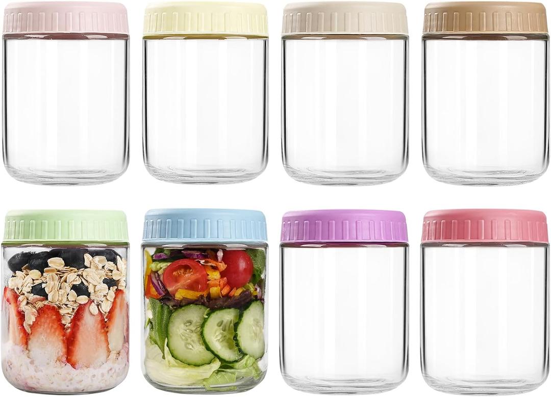 Overnight Oats Containers with Lids, 16oz Glass Jars with Lids 8 pcs, Wide Mouth Mason jars for Salad, Yogurt, Snacks, Meal Prep (Multicolor)