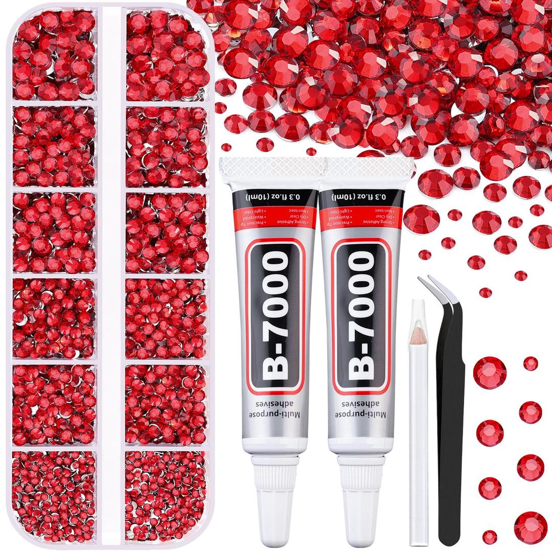 6100Pcs Resin Red Rhinestones for Bedazzling with 2Pcs 10ml B7000 Jewelry Glue, 1 Box Flatback Gems Crystals Diamonds for Makeup Crafting Nail Art