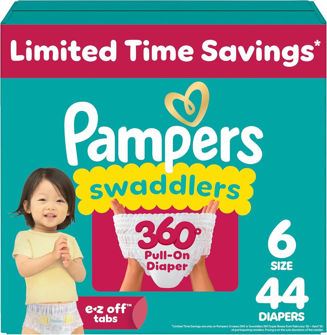 Pampers Diapers - Swaddlers 360 - Size 6, 44 Count, up to 100% Leakproof Comfy Dry Fit, Designed for Easy Changes, Pull On Baby Diaper  