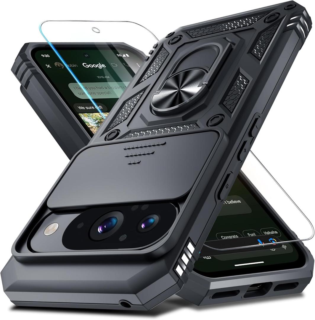 Janmitta Case Compatible with Google Pixel 10/10 Pro Built in Slide Camera Lens Cover+Screen Protector+Finger Ring Holder Kickstand, Heavy Duty Shockproof Full Body Protective Phone Cover, Black