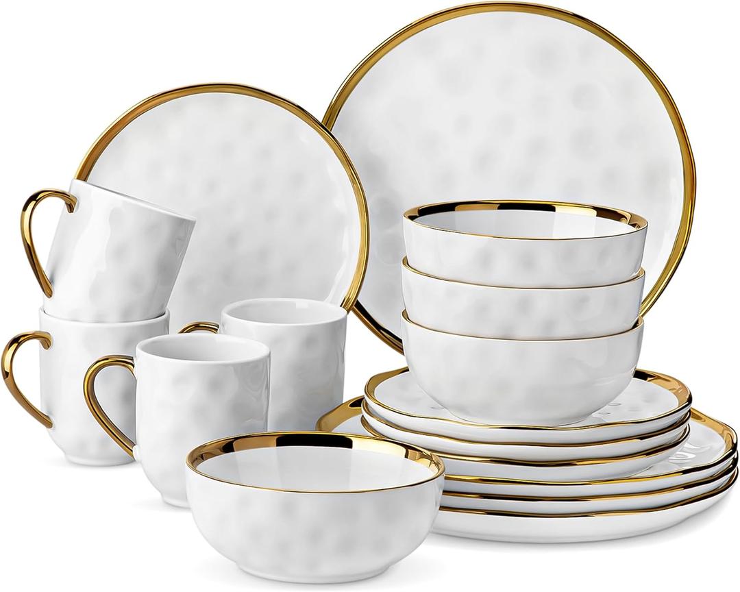 LOVECASA 16 Pieces Plates and Bowls Sets, Porcelain White and Gold Dinnerware Sets, Round Dinner Plates Dishes Set Service for 4, Dishwasher Safe and Scratch Resistant, White (16 Piece (Service for 4))