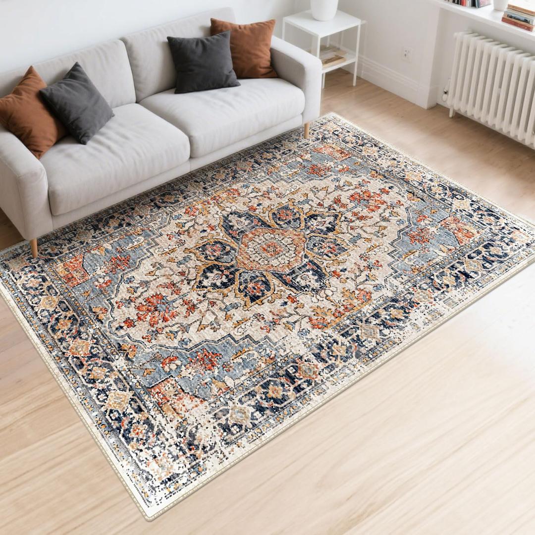 Area Rugs Washable Non-Slip, Floral Vintage Distress Print Pattern Medallion Carpet for Living Room Bedroom Dining Room, Beige Navy Blue Orange Colorful (Blue, 5' x 7')