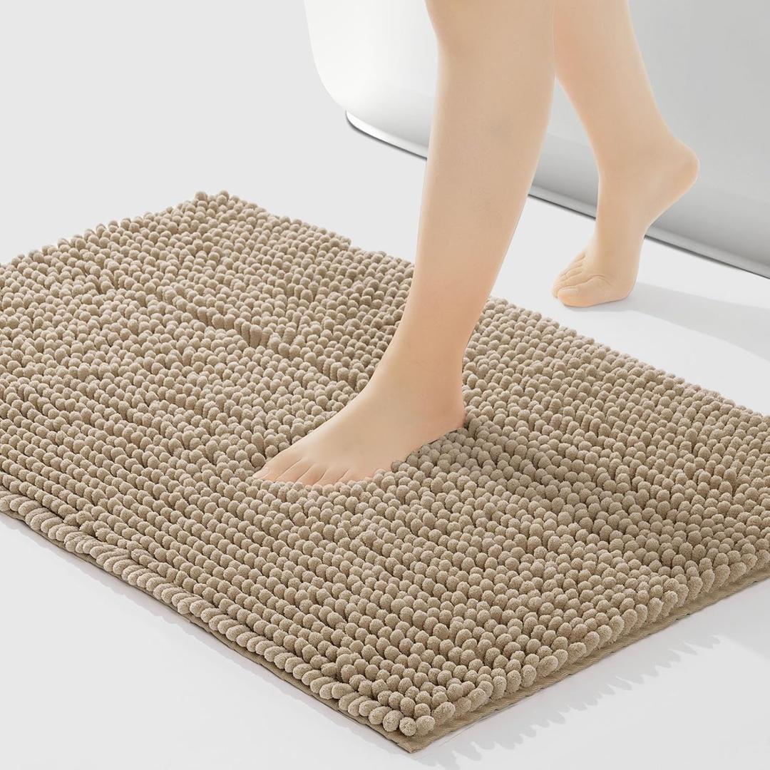 FRESHMINT Chenille Bath Rugs Extra Soft and Absorbent Microfiber Shag Rug, Non-Slip Runner Carpet for Tub Bathroom Shower Mat, Machine-Washable Durable Thick Area Rugs (Light Brown, 24" x 17")