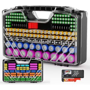 Battery Organizer Storage Holder Box Case with Tester - 285 Batteries Double-Sided Variety Pack, Holds AA AAA 4A C D Cell 9V 3V Lithium LR44 CR2 CR123 CR1632 18650 Button