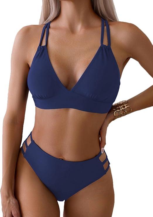 Fanuerg Women's Sexy V Neck Bikini Sets Hollow Out Two Piece Swimsuits Cutout Mid Waist Bathing Suit L