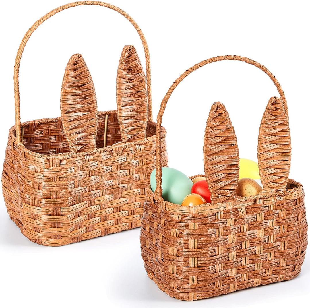 Gerrii 2 Pcs Easter Basket with Handle Bunny Easter Woven Picnic Basket for Kids with Cute Rabbit Ears Rattan Gift Wicker Wine Woven Empty for Candy Storage Toy Girl Party Supplies