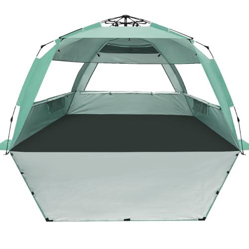 WhiteFang Deluxe XL Pop Up Beach Tent Sun Shade Shelter for 3-4 Person, UV Protection, Extendable Floor with 3 Ventilating Windows Plus Carrying Bag, Stakes, and Guy Lines (Mint Green)