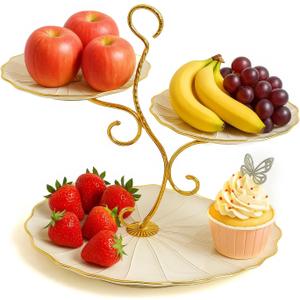 3 - Tier Golden Decorative Plastic Fruit Basket Stand - Elegant Kitchen Centerpiece for Desserts & Snacks - Stylish Display Rack for Countertop & Table - Perfect for Parties & Holidays (Ivory)