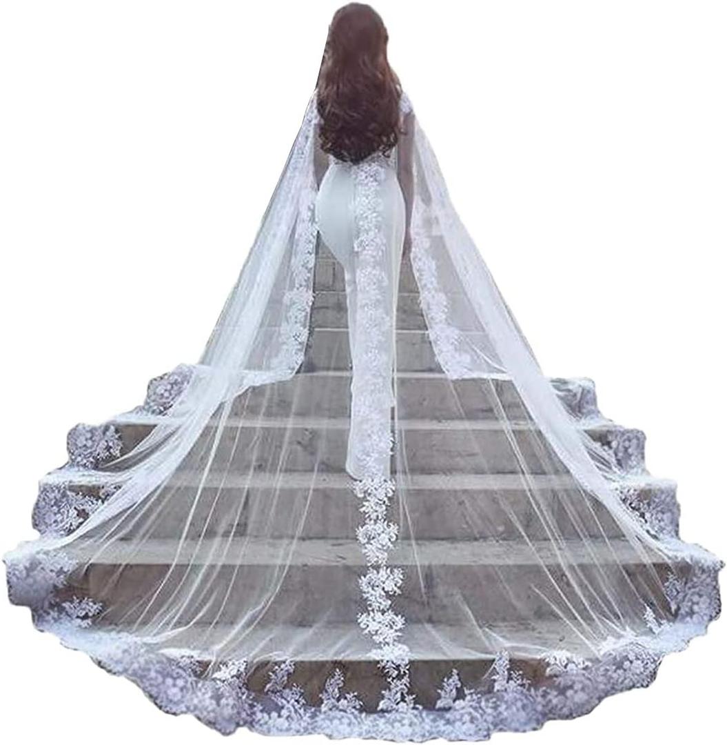 Kelaixiang Women Veil Cape Tulle Lace Applique 4 M Wedding Capes Bridal Wraps Long Train Shawls Cloak (White)