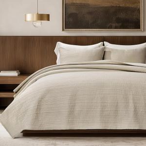 EVERGRACEHOME Channel Stitch 100% Cotton Quilt Set King Size, Pre-Washed Cotton Sateen Coverlet Bedspread, 3-Piece Soft & Breathable Bedding Set with 2 Shams for All Seasons, Parchment | Refined Channel, Luxe Cotton Sateen, Pre Washed, 100% Cotton, Oeko-Tex Certified, Lightweight