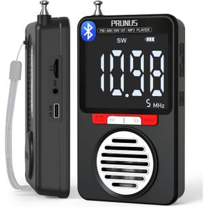 PRUNUS J-155 Pocket Radio AM FM, Shortwave Radios with Best Reception, Bluetooth, Large Screen, TF Card Play, Stereo Earphone Jack, Alarm Clock, Portable Rechargeable Digital Radio for Jogging, Walking