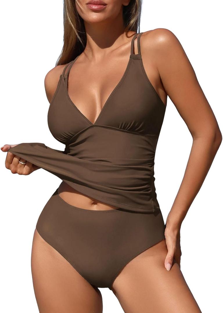 ZAFUL Womens Tankini Swimsuits V Neck Push Up Swim Top Color Block Tummy Control High Waisted Bathing Suits Swim Bottom (L)
