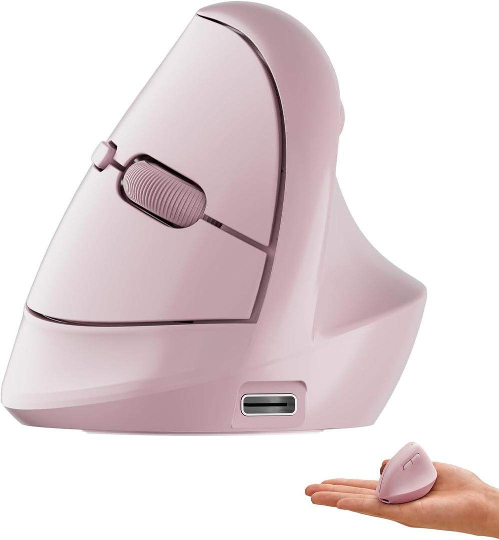 DAREU Ergonomic Vertical Wireless Mouse for Small Hands,2.4GHz / BT Dual Mode,Optical Vertical Mice with 64 Ergonomic Design,Type-C Rechargeable Silent Click,3 Device Connectivity for PC/Laptop (Pink)