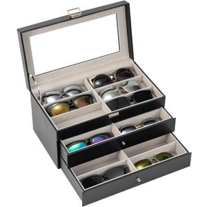 ProCase 3-layer Sunglasses Storage Organizer, 18 Slots Leather Sunglass Box Multiple Pairs Eyeglass Cases Eye Glass Eyewear Display Holder for Men Women -Black (18-Slot, Black)