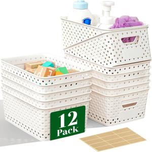 12 Pack Plastic Storage Baskets for Organizing, Storage Baskets for Shelves with Handles, Small Storage Bins with Labels, Organizer Baskets for Cabinet,Closet, Office (Cream White)