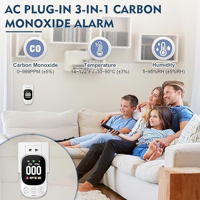 Carbon Monoxide Detectors Plug in, 3-in-1 CO Detector with Temp/Hum Sensor, Portable Travel Carbon Monoxide Alarm with 85dB Alarm, Real-Time CO Monitor Easy to Read & Install (White-1 Pack)